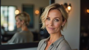 Coupe courte effilée : femme 50 ans mise en beauté